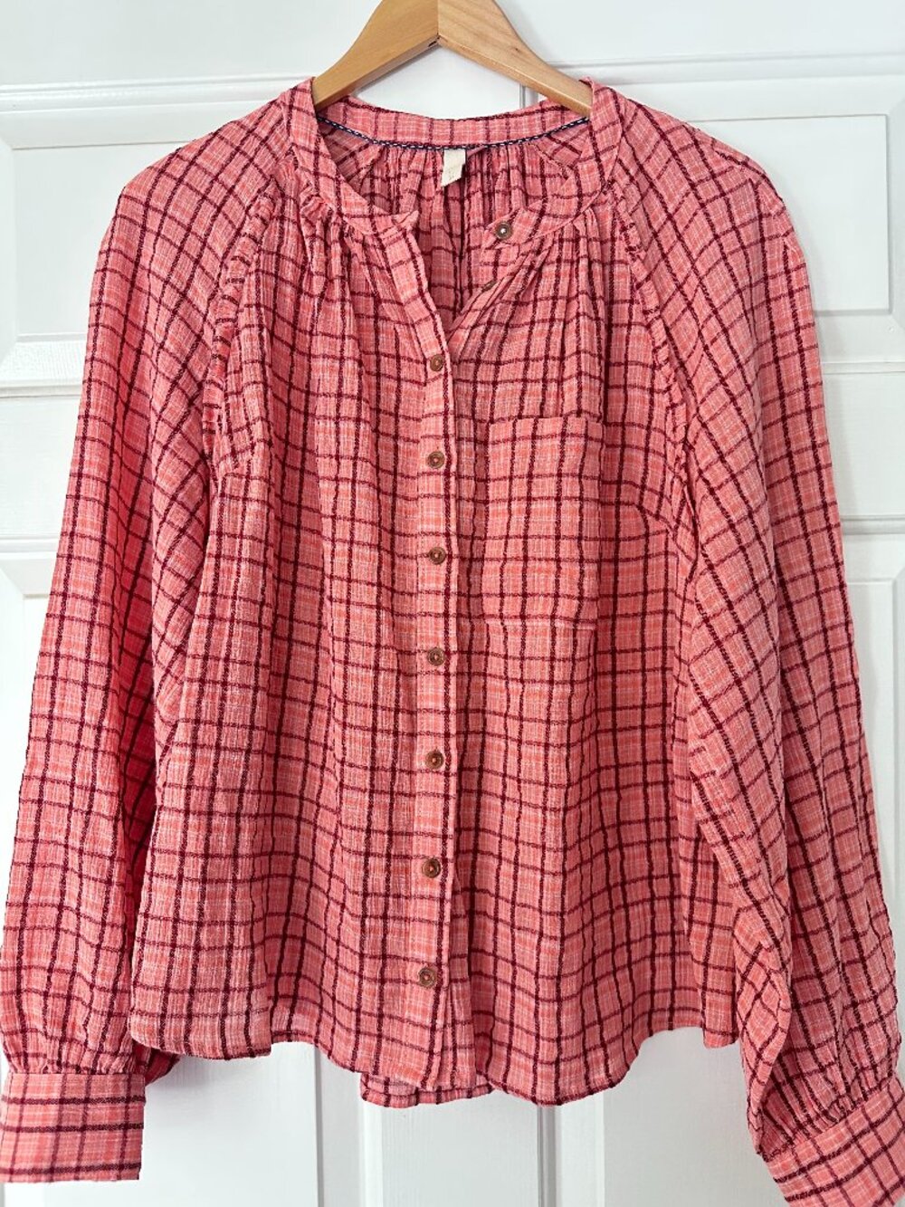 Pilcro Anthropologie Pink Plaid Button-Up Blouse Size 1X Boho Lightweight